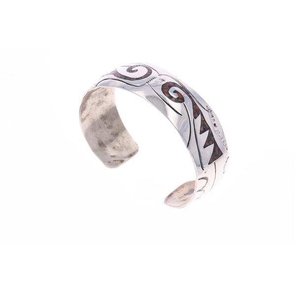 Navajo Harvey Begay Sterling Coral Inlay Bracelet