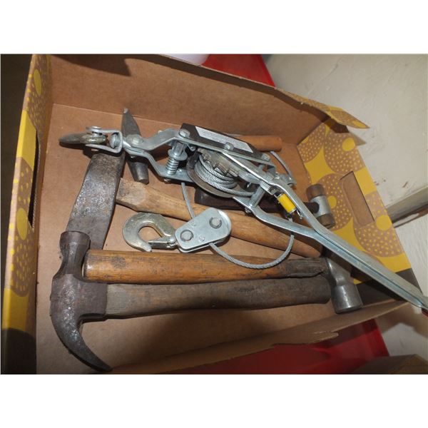 Box Of assorted Hammers & 1 Cable Puller