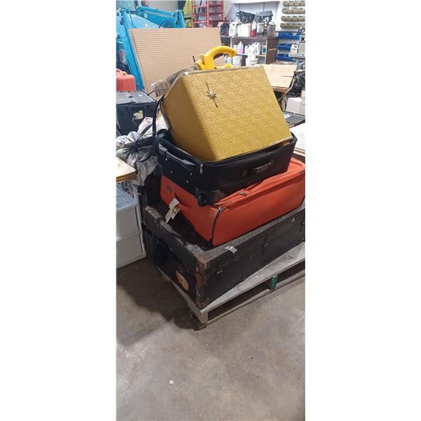 SKID WITH 2 STEAMER TRUNKS. SUITE CASES  WITH CONTENTS , BUG DEFOGGER