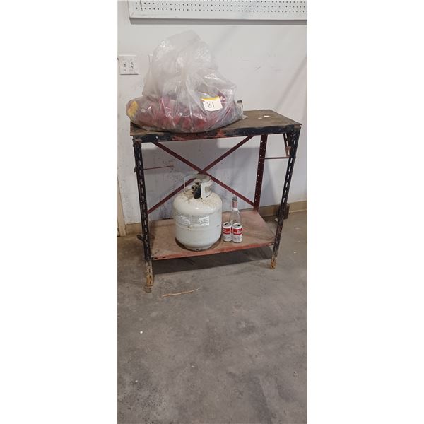 BENCH C/W 20# PROPANE BOTTLE AND BAG OF 12GA CASES