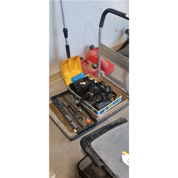 SMALL CART, SNOW SHOVEL. MISC TOOLS, MISC ITEMS AND 2 GAS CANS