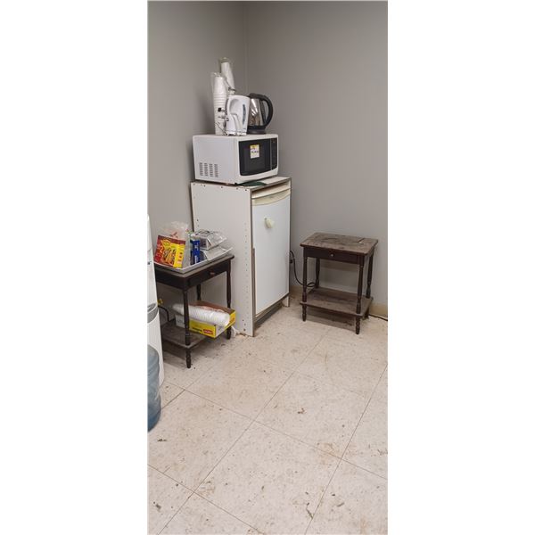COFFEE STATION. MICRO WAVE, 2 KETTLES BAR FRIDGE AND STAND