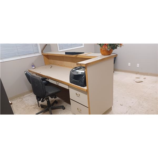 BOOK SHELF, CREDENCA, LARGE COUNTER STYLE DESK AND 3 SWIVEL OFFICE CHAIRS