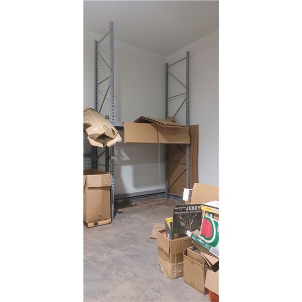 ONE SECTION OF 14FT H X 8FT W AND 42" D PALLET RACKING C/W 3 -4INCH BEAMS, 2 UPRIGHTS AND SHELVING
