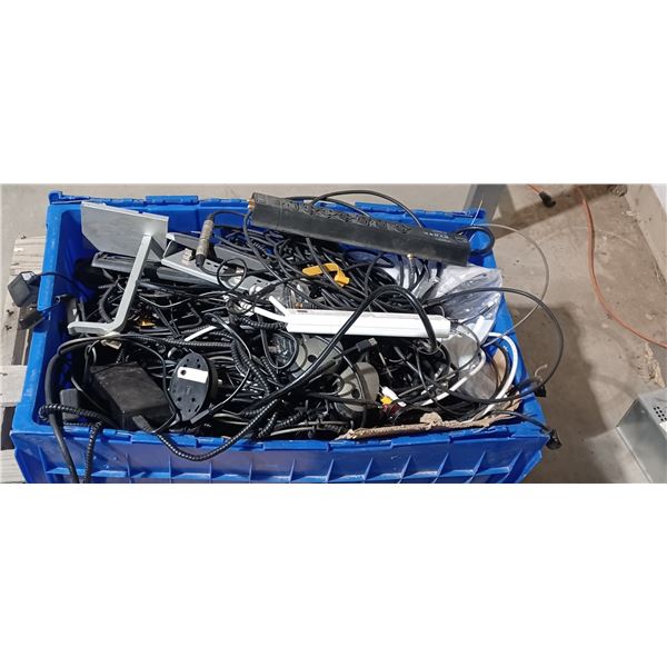 LARGE CRATE WITH ASSORTED STEREO CABLE, SPEAKERS AND MORE