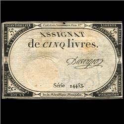 1792 France RARE 5 Livres Assignat Currency Hi Grade (CUR-05891)