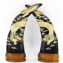 Rare Scrimshaw Water Buffalo Horn Pair Intricately Carved (CLB-591)