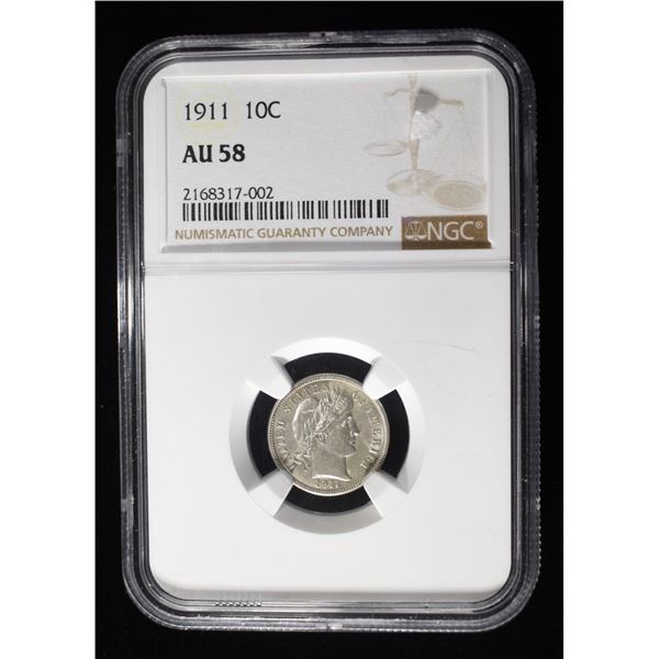 1911 BARBER DIME NGC AU-58