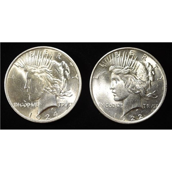 1922 & 1924 PEACE DOLLARS CH BU