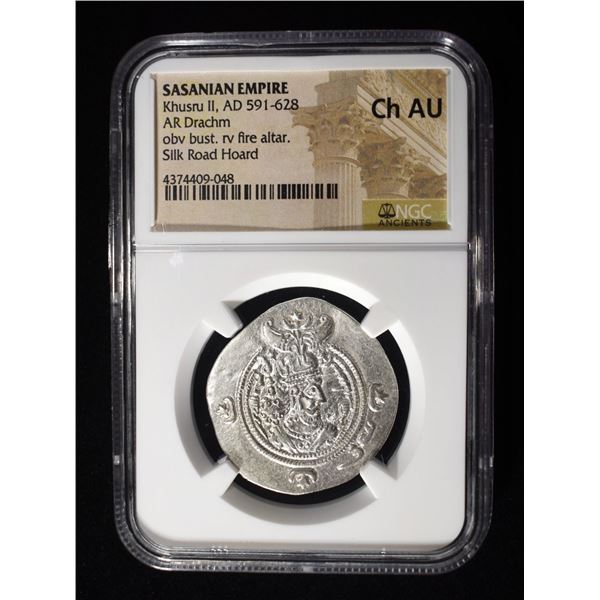 AD 591-628 KHUSRU II AR DRACHM NGC CH AU