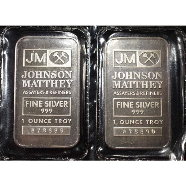 (2) 1 OZ .999 SILVER JOHNSON MATTHEY BARS