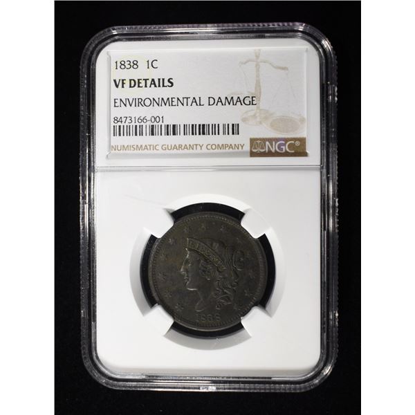 1838 CORONET HEAD LARGE CENTS NGC VF DETAILS