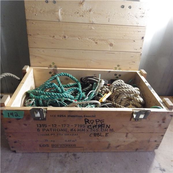 Wood ammunition box with various lengths of rope etc
