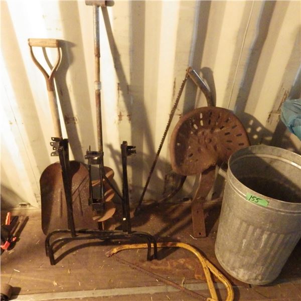 tin implement seat, Folding table legs, shovel, saws