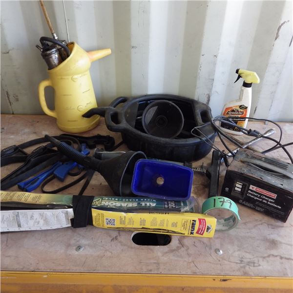 Grease gun, funnels, battery booster , oil wrenches etcetera