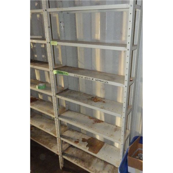 5 sections of metal storage shelving will need to be disassembled