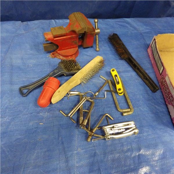 Small vice, wire brushes, allen keys