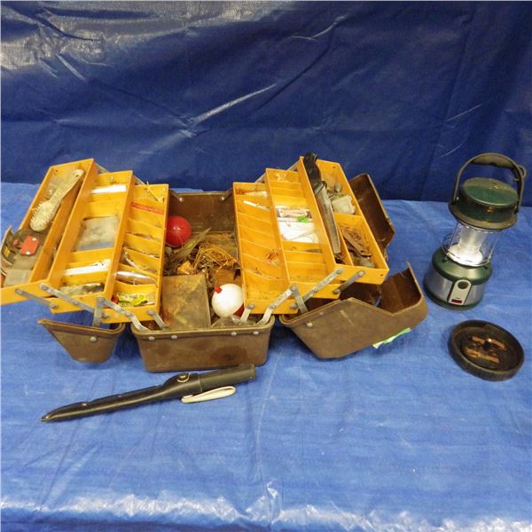 Broken fishing tackle box with tackle etcetera