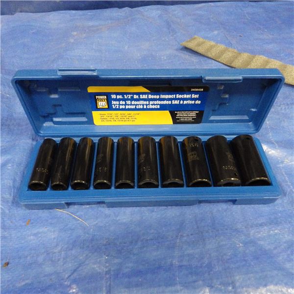 Power fist 10 piece half inch drive SAE Deep Impact socket set