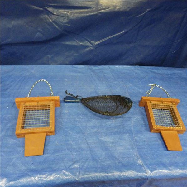 Bird shaped bird feeder and two suet bird feeders