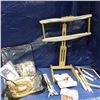 Image 1 : Needlework and embroidery stand including embroidery hoops, threads, cloth, needles, pattern holder