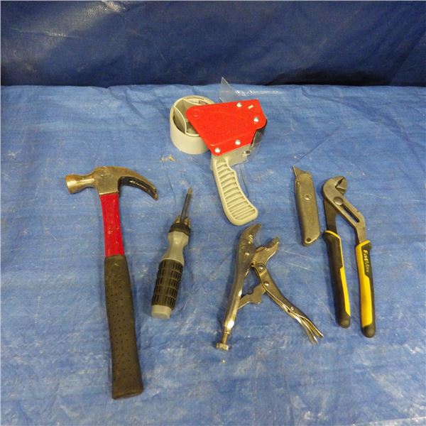 Claw hammer, Carton tape dispenser, ceiling fan arm blade, vice grips, multi bit screwdriver, Stanle