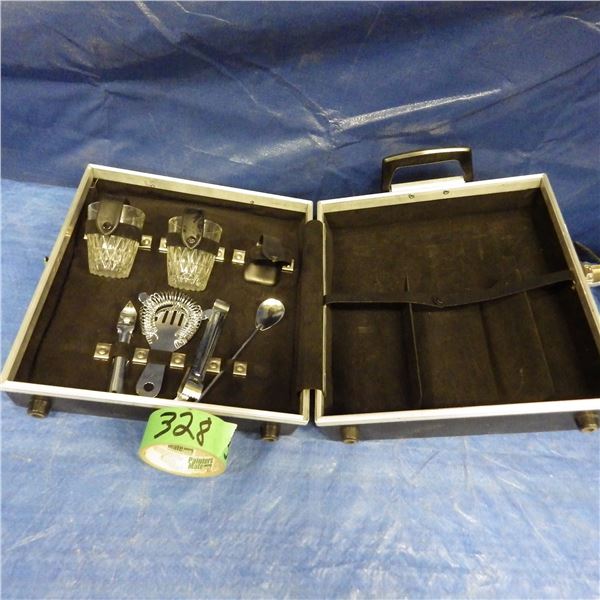Beverage case with bottle spots, glasses and tongs