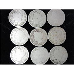 9 Assorted Liberty "V" Nickels