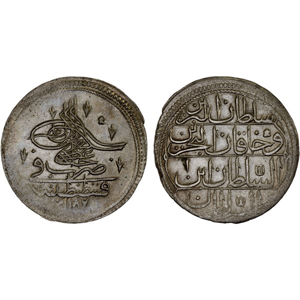 OTTOMAN TURKEY: Abdul Hamid I, 1774-1789, AR 20 para, Kostantiniye, AH1187 year 1, AU