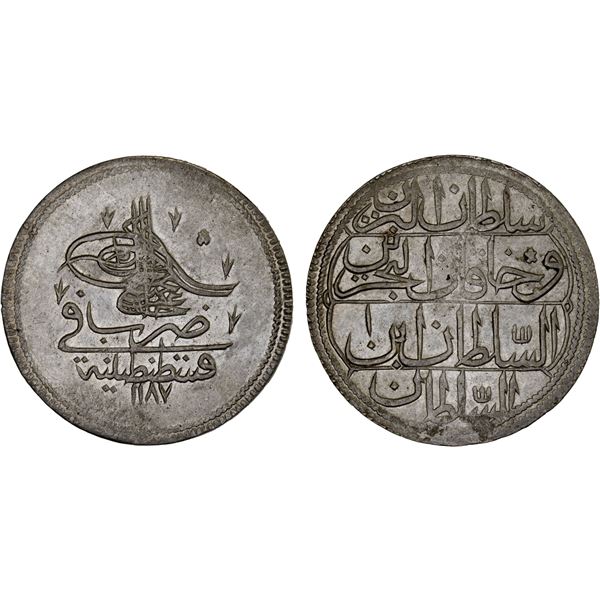 OTTOMAN TURKEY: Abdul Hamid I, 1774-1789, AR kurush, Kostantiniye, AH1187 year 1, AU