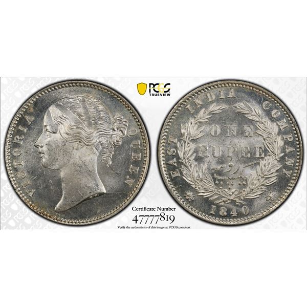 BRITISH INDIA: Victoria, Queen, 1837-1876, AR rupee, 1840b&c, PCGS MS63