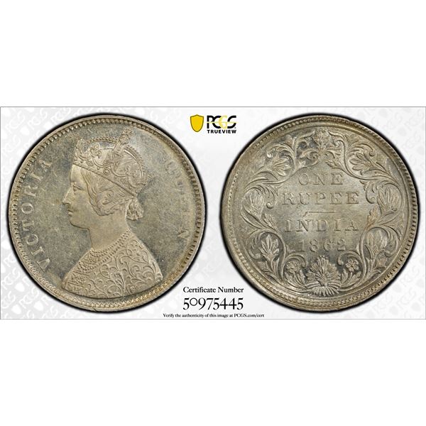 BRITISH INDIA: Victoria, Queen, 1837-1876, AR rupee, 1862(b), PCGS MS61