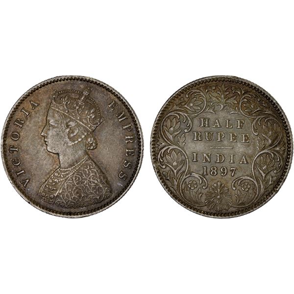 BRITISH INDIA: Victoria, Empress, 1876-1901, AR 1/2 rupee, 1897-C, About XF