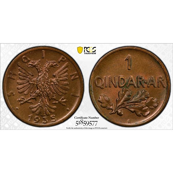 ALBANIA: Zog I, 1928-1939, AE qindar ar, Rome, 1935-R, PCGS MS64 BN