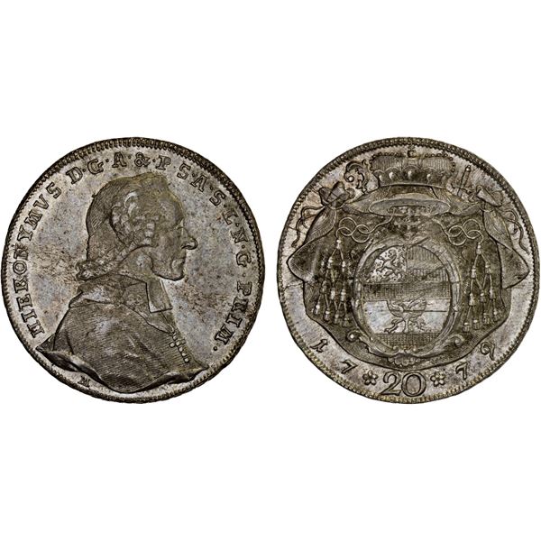 AUSTRIA: SALZBURG: Hieronymus von Colloredo, 1772-1803, AR 20 kreuzer, 1779, Choice XF