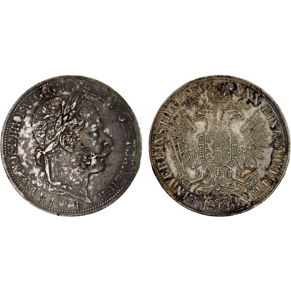 AUSTRIA: Franz Joseph I, 1848-1916, AR vereinsthaler, 1866-B, Choice XF