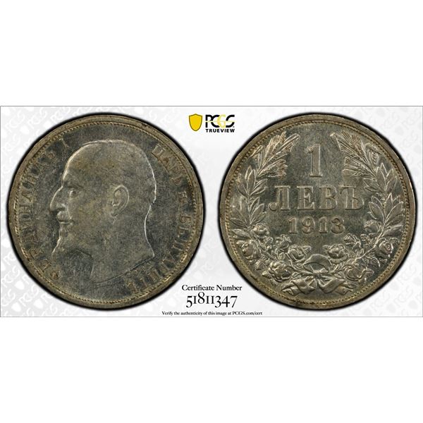 BULGARIA: Ferdinand I, 1887-1918, AR lev, 1913, PCGS AU58