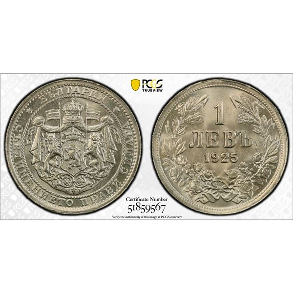 BULGARIA: Boris III, 1918-1943, 1 lev, 1925, PCGS MS67 +