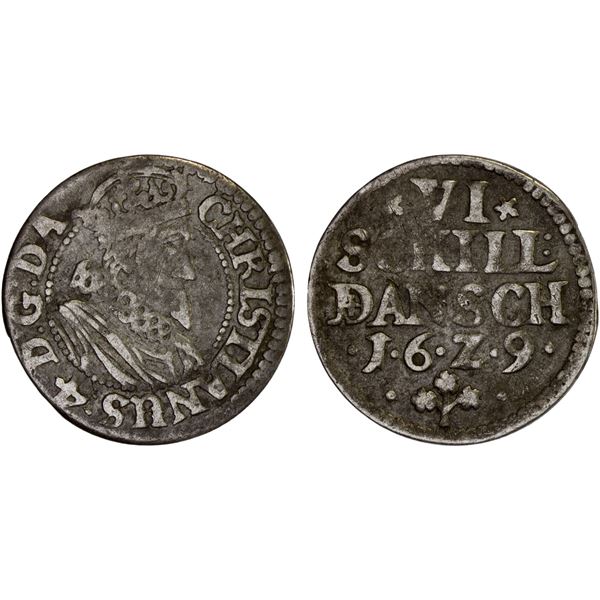 DENMARK: Christian IV, 1588-1648, AR 6 skilling, Copenhagen, 1629(g), Fine