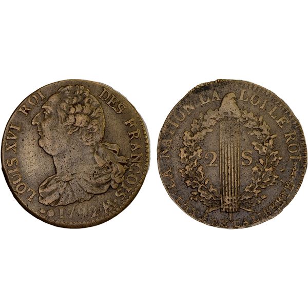 FRANCE: Louis XVI, 1774-1792, AE 2 sols, 1792-AA, AU