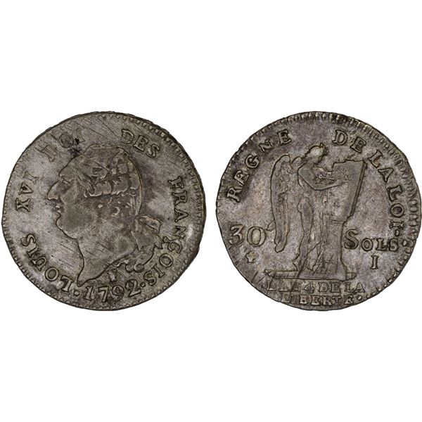 FRANCE: Louis XVI, 1774-1792, AR 30 sols, Limoges, 1792/L'AN 4, XF