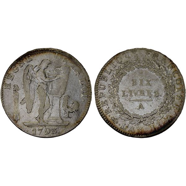 FRANCE: First Republic, AR 6 livres, 1793/L'AN II, Fine