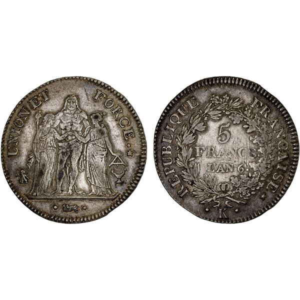 FRANCE: First Republic, AR 5 francs, Bordeaux, L'an 6-K (1797-98), VF