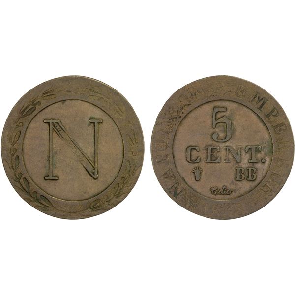 FRANCE: Napoleon I, as Emperor, 1804-1814, 1815, AE 5 centimes, Strasbourg, 1808-BB, VG to Fine