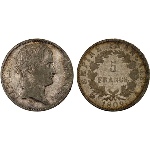 FRANCE: Napoleon I, first reign, 1804-1814, AR 5 francs, 1809-A, VF-XF