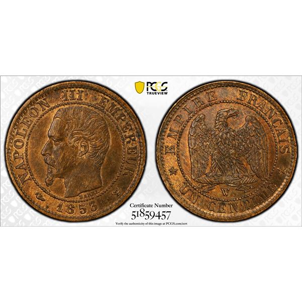 FRANCE: Napoleon III, 1852-1870, AE centime, Lille, 1853-W, PCGS MS63 RB