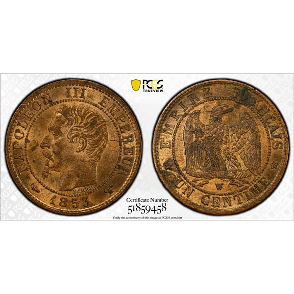 FRANCE: Napoleon III, 1852-1870, AE centime, Lille, 1853-W, PCGS MS63 RB