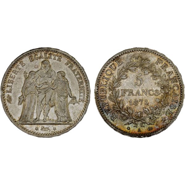 FRANCE: Third Republic, AR 5 francs, 1875-A, AU