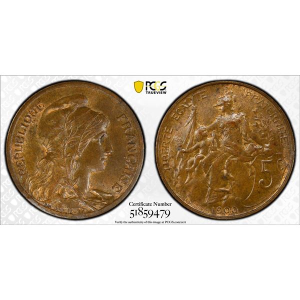 FRANCE: Third Republic, AE 5 centimes, 1900, PCGS MS64 BN