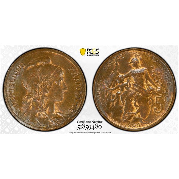 FRANCE: Third Republic, AE 5 centimes, 1900, PCGS MS64 BN